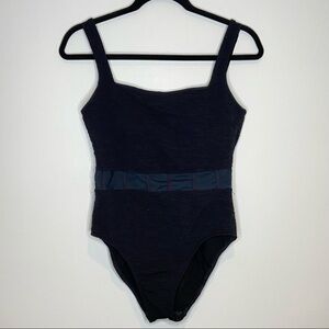 Textured Black One Piece Swimsuit‎ Sheer Panel Detail Classic Elegant
